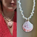 Elegant natural pearl necklace featuring a pink shell pendant for stylish beach vacations - Gilded Edge Shell and Artificial Pearl Necklace (25B8) / 38+5cm / White