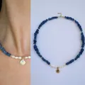 Natural blue stone beaded necklace with baroque pearl and golden shell pendant for beach style - Crushed Stone Metal Shell Style (38+5cm)