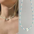 Summer seaside style blue and white beaded necklace with a natural shell pendant charm - Blue and White Seed Bead Shell Style (38+5cm)