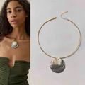 Gold rigid choker with large iridescent abalone shell pendant for beach summer style - One Size / Steel Ring Round Shell Necklaces