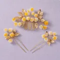Handmade bridal hair comb and pins set with elegant yellow floral and gold leaf design - Luxury Exquisite Hair Pin HS-J7213G
