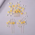Handmade bridal hair accessories set featuring yellow flowers and white pearls - Fresh and Sweet Hair Pin HS-J7212G