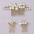 Elegant handmade bridal hair comb set with faux pearls and gold wire floral accents - Daily Accent Hair Comb HS-J6903G