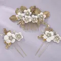 Elegant bridal hair jewelry set with white flowers and gold metallic leaves - Bridal Travel Photoshoot Set HS-J7113G