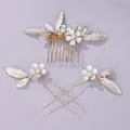 Handmade wedding hair comb and pins set with white flowers, pearls and gold leaves - Wedding Dress Matching Set HS-J6357