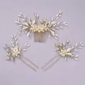 Elegant handmade bridal hair accessory set with golden comb and white floral pins - Photoshoot-Ready Set HS-J6346