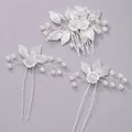 Exquisite handmade silver bridal hair comb and pins set with pearls and metallic leaves - Dating and Travel Set HS-J7133S