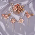 Elegant rose gold handmade bridal hair accessory set with pink flowers and faux pearls - Forest-Style Elegant Set HS-J7311GPINK