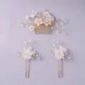 Elegant handmade bridal hair set featuring white flowers, pearls, and crystals on gold comb - Formal Dinner Matching Set HS-J6424
