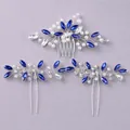 Handmade bridal hair accessories set with blue leaf crystals and elegant white pearls - Versatile Daily Set ZUHE-210SBLUE