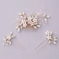 Handmade bridal hair set with rose gold floral comb and pins featuring pearls and crystals. - Photo-Ready Dinner Set HS-J6971S
