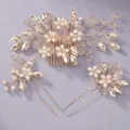 Elegant handmade bridal hair accessory set featuring gold wire, pearls and crystals - Holiday Matching Set HS-J6971G