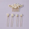 Elegant handmade pearl bridal hair comb and U-shaped hair pin set in gold finish - Luxury Premium Hair Pin HS-J5903