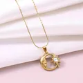 Elegant gold sun and moon pendant necklace with opal stone on white silk background - Moon Sun Face Style / 18K Gold / Gold