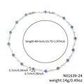 Elegant blue clover flower necklace with leaf accents showing dimensions and length - Blue Clover Silver Chain (N01639-24)