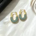 Elegant gold U-shaped hoop earrings featuring micro-set turquoise stones for a vintage look - Gold Blue Turquoise U-Shape Clip Style (E3188) / Gold