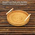 Cesta de frutas redonda de ratán pequeña con asas de madera, 22 cm, estilo natural - Bandeja de Frutas con Asa / Pequeño (22x3cm)