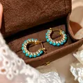 Elegante vergulde oorringen met turquoise kralen en witte strass-steentjes - Pave Turkoois Creool Stijl (H0010) / 1.8cm / Goud
