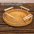 Juego de 3 bandejas redondas de ratán tejidas a mano con asas de madera decor - Juego de Bandejas con Asas / Set de tres piezas
