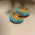 Elegante vintage gouden oorringen geaccentueerd met levendige blauwe turquoise kralen - Turkoois Creool Stijl (E0843) / Goud