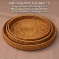 Juego de 3 bandejas redondas de ratán tejidas a mano para decoración y almacenaje - Juego de Bandejas Redondas / Set de tres piezas