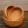 Juego de 3 cestas redondas de ratán tejidas a mano para frutas y aperitivos en casa - Juego de Cestas de Frutas / Set de tres piezas