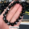 Primer plano de pulsera de obsidiana plateada natural con efecto de ojo de gato - Bucle Único (Aprox. 23 Cuentas) / 8mm / Calidad premium