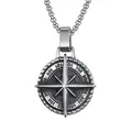 Detailed close-up view of a vintage nautical compass pendant made of stainless steel. - Compass / Silver Compass (Silver Compass and Stainless Steel Chain)