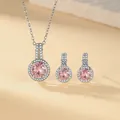 Elegant pink round zirconia necklace and earring set with shimmering pavé halo detail - 2-Piece Set (Necklace+Earrings) / Silver (Pink Zirconia)