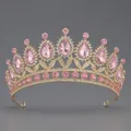 Elegant vintage golden wedding tiara featuring brilliant teardrop pink crystals for brides - Pink