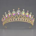 Luxurious gold wedding tiara with colorful teardrop AB crystals for brides and prom - AB Rhinestone