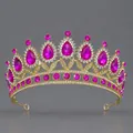 Luxury gold bridal tiara with elegant fuchsia teardrop crystals and sparkling rhinestones - Rose Red