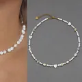 Elegante handgemaakte ketting met witte schelpharten en 18k vergulde ketting - Schelp Hart Parelketting / 38+5cm / Wit