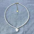 Handmade pearl beaded necklace with white shell heart pendant and golden chain on denim - Full Pearl Shell Necklace / 38+5cm / White