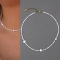 White beaded choker necklace with shell heart, clover and star charms, 18k gold plated - Heart Shell Star Necklace (38+5cm)