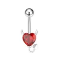 Close-up of silver-toned navel ring with red heart zircon and devil horn design elements - Silver-Red Zirconia