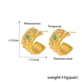 Western style gold titanium steel earrings with turquoise and rhinestones, 2.2x2.3cm - Earrings / Gold