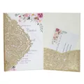 Elegant gold glitter laser cut wedding invitation card with pink floral floral design - Glitter Rose Gold