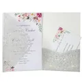 Elegant silver laser-cut wedding invitation with pink floral design - Silver Glitter