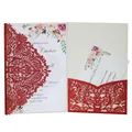 Elegant laser-cut red glitter wedding invitation card with floral inner sheet and pocket - Glitter Red
