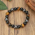 Bracciale elastico fatto a mano con perle di ossidiana e occhio di tigre per uomo e donna - Stile a Tre Colori Ossidiana Occhio di Tigre Ematite (ZJ16269 10mm)