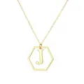 Elegant gold hexagonal pendant necklace featuring the letter J initial on a delicate O-chain. - Letter J