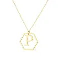 Gold hexagonal pendant necklace featuring a minimalist capital letter P design. - Letter P