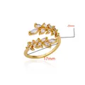 Macro view of 18K gold plated leaf ring with cubic zirconia and size dimensions - G124473