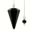 Péndulo de cristal de obsidiana negra pulida en forma de cono con cadena de metal plateada - Cono Hexagonal Pequeño / Obsidiana
