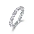 Detailed macro view of an S925 silver eternity ring set with round moissanite stones. - US Size 5 / 3mm Moissanite Ring (R13639) / Silver