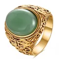 Anello vintage in acciaio inossidabile intagliato da 22 mm con grande pietra verde naturale - Giada Verde (Effetto Giada)