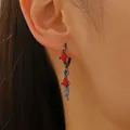 Fashionable dark metal hoop earrings featuring red zircon and star pendants for women - Gun Black With Red Rhinestone (A-550)