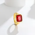 Macro view of a gold-plated stainless steel ring featuring a square red gemstone - Size 7 / 方钻款式(C307) / Red (Gold Band)