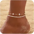 Double-layer gold titanium steel anklet featuring flower charms and a tennis chain - Gold Double Layer Clover Tennis Chain Anklet